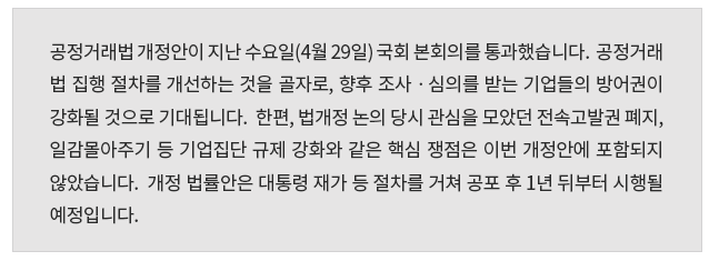 공정거래법 개정안이 지난 수요일(4월 29일) 국회 본회의를 통과했습니다.  공정거래법 집행 절차를 개선하는 것이 골자로, 향후 조사ㆍ심의를 받는 기업들의 방어권이 강화될 것으로 기대됩니다.  한편, 법개정 논의 당시 관심을 모았던 전속고발권 폐지, 일감몰아주기 등 기업집단 규제 강화와 같은 핵심 쟁점은 이번 개정안에 포함되지 않았습니다.  개정 법률안은 대통령 재가 등 절차를 거쳐 공포 후 1년 뒤부터 시행될 예정입니다.