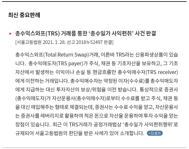 총수익스와프(Total Return Swap)거래, 이른바 TRS라는 신용파생상품이 있습니다.  총수익매도자(TRS payer)가 주식, 채권 등 기초자산을 보유하고, 그 기초자산에서 발생하는 이익이나 손실 등 현금흐름만 총수익매수자(TRS receiver)에게 이전하는 거래입니다.  총수익매수자는 약정된 이자(수수료)를 총수익매도자에게 지급하는 대신 투자자산의 보상/위험을 이전 받습니다. 통상적으로 증권사(총수익매도자)가 자산운용사(총수익매수자)로부터 수수료를 받고 주식, 채권 등을 대신 매입해주는 형태로 체결되는데, 증권사는 수수료 수익을 얻고, 자산운용사는 증권사를 레버리지로 활용하여 적은 돈으로 자산을 운용하여 투자 수익을 얻는 장점이 있습니다.  최근 이 TRS거래가 공정거래법상 ‘총수일가 사익편취행위’로 규제되어 서울고등법원의 판단을 받은 사례가 있어 소개합니다.