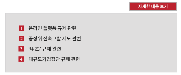 온라인 플랫폼 규제 관련, 공정위 전속고발 제도 관련, ‘甲乙관계’ 규제 관련, 대규모기업집단 규제 관련