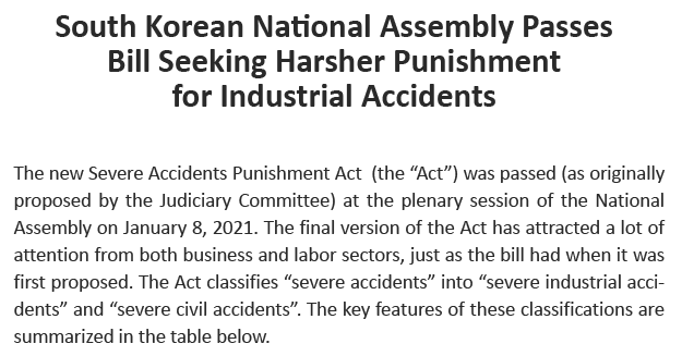 South Korean National Assembly Passes Bill Seeking Harsher Punishment for Industrial Accidents