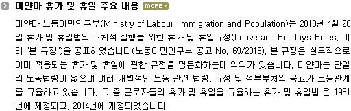미얀마 노동이민인구부(Ministry of Labour, Immigration and Population)는 2018년 4월 26일 휴가 및 휴일법의 구체적 실행을 위한 휴가 및 휴일규정(Leave and Holidays Rules)을 공표하였습니다(노동이민인구부 공고 No. 69/2018).  본 규정은 실무적으로 이미 적용되는 휴가 및 휴일에 관한 규정을 명문화하는데 의의가 있습니다.  