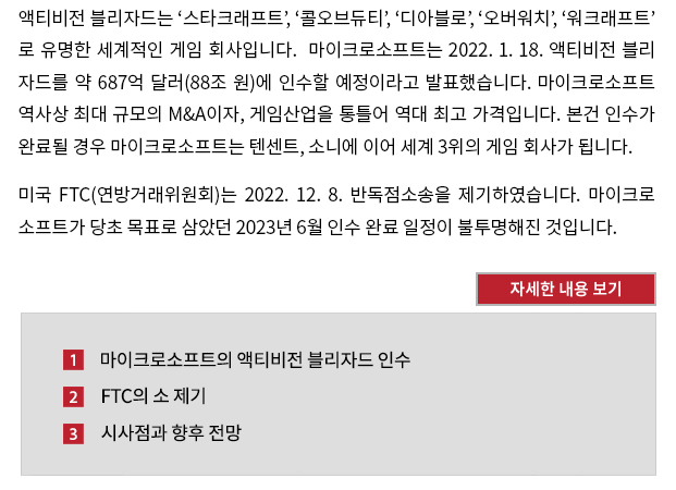 액티비전 블리자드는 ‘스타크래프트’, ‘콜오브듀티’, ‘디아블로’, ‘오버워치’, ‘워크래프트’로 유명한 세계적인 게임 회사입니다.  마이크로소프트는 2022. 1. 18. 액티비전 블리자드를 약 687억 달러(약 88조 원)에 인수할 예정이라고 발표했습니다.  마이크로소프트 회사 역사상 최대 규모의 M&A이자, 게임산업을 통틀어서도 역대 최고의 가격입니다. 본건 인수가 완료될 경우 마이크로소프트는 텐센트, 소니에 이어 세계 3위의 게임회사가 됩니다. 그러나 미국 FTC(연방거래위원회)는 2022. 12. 8. 반독점소송을 제기하였습니다.  EU 집행위원회는 심층 조사에 착수하여 4월 중 승인 여부를 결정할 예정임을 밝혔습니다.  마이크로소프트가 당초 목표로 삼았던 2023년 6월 인수 완료가 불투명해진 것입니다. 