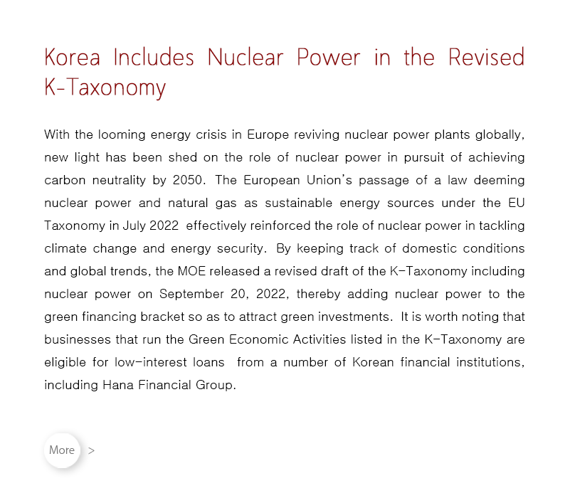 With the looming energy crisis in Europe reviving nuclear power plants globally , new light has been shed on the role of nuclear power in pursuit of achieving carbon neutrality by 2050.  The European Union’s passage of a law deeming nuclear power and natural gas as sustainable energy sources under the EU Taxonomy in July 2022  effectively reinforced the role of nuclear power in tackling climate change and energy security.  By keeping track of domestic conditions and global trends, the MOE released a revised draft of the K-Taxonomy including nuclear power on September 20, 2022, thereby adding nuclear power to the green financing bracket so as to attract green investments.  It is worth noting that businesses that run the Green Economic Activities listed in the K-Taxonomy are eligible for low-interest loans  from a number of Korean financial institutions, including Hana Financial Group.