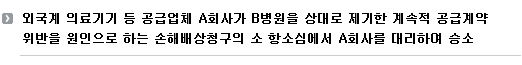 지평 건설부동산그룹은 외국계 의료기기 등 공급업체 A회사가 B병원을 상대로 제기한 계속적 공급계약 위반을 원인으로 하는 손해배상청구의 소 항소심에서 A회사를 대리하여 승소하였습니다. 