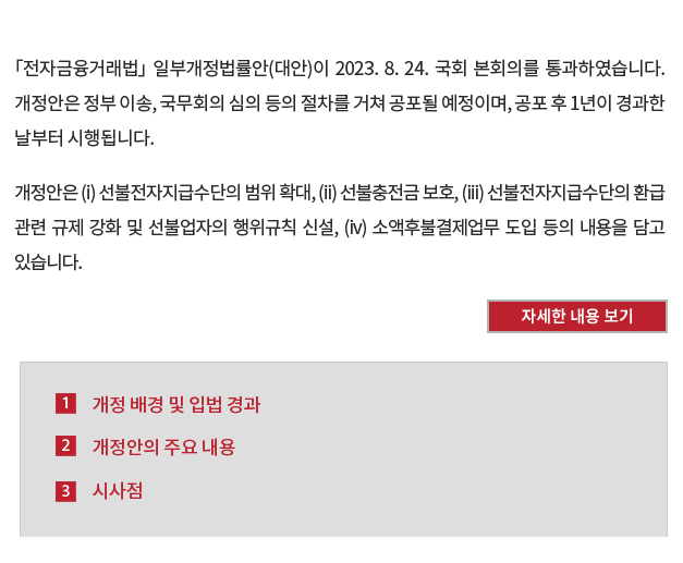 
「전자금융거래법」일부개정법률안(대안)이 2023. 8. 24. 국회 본회의를 통과하였습니다. 개정안은 정부 이송, 국무회의 심의 등의 절차를 거쳐 공포될 예정이며, 공포 후 1년이 경과한 날부터 시행됩니다. 개정안은 (i) 선불전자지급수단의 범위 확대, (ii) 선불충전금 보호, (iii) 선불전자지급수단의 환급 관련 규제 강화 및 선불업자의 행위규칙 신설, (iv) 소액후불결제업무 도입 등의 내용을 담고 있습니다.   
[자세한 내용 보기]