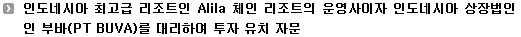 인도네시아 최고급 리조트인 Alila 체인 리조트의 운영사이자 인도네시아 상장법인인 부바(PT BUVA)를 대리하여 투자 유치 자문