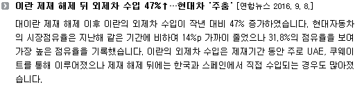 對이란 제재 해제 이후 이란의 외제차 수입이 작년 대비 47% 증가하였습니다. 현대자동차의 시장점유율은 지난해 같은 기간에 비하여 14%p 가까이 줄었으나 31.8%의 점유율을 보여 가장 높은 점유율을 기록했습니다. 이란의 외제차 수입은 제재기간 동안 주로 UAE, 쿠웨이트를 통해 이루어졌으나 제재 해제 뒤에는 한국과 스페인에서 직접 수입되는 경우도 많아졌습니다. 