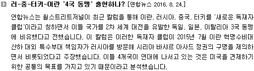 연합뉴스는 월스트리트저널이 최근 칼럼을 통해 이란, 러시아, 중국, 터키를 '새로운 독재자 클럽'이라고 칭하면서 이들 국가를 2차 세계 대전을 유발한 독일, 일본, 이탈리아 3국 동맹에 비유했다고 전했습니다. 이 칼럼은 이러한 독재자 클럽이 2015년 7월 이란 혁명수비대 산하 대외 특수부대 책임자가 러시아를 방문해 시리아 바샤르 아사드 정권의 구명을 제의하면서 비롯되었다고 주장했습니다. 이들 4개국이 연대에 나서고 있는 것은 미국을 견제하기 위한 공통의 목표를 가지고 있기 때문이라고 분석했습니다. 