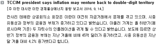 칸사리 테헤란 상공회의소 회장은 이란이 여전히 자금거래에서 문제를 겪고 있으며, 시중 유동성과 정부의 금융권 부채가 증가하고 있다고 밝혔습니다. 아울러 가계는 올 하반기(페르시아력 기준) 두 자릿수의 인플레이션을 겪게 될 수 있다고 밝혔습니다. 보도에 따르면 상반기 정부의 금융권 부채는 지난 겨울에 비해 45억 달러가 증가하였고, 시중 유동성은 지난달 겨울 대비 4.2% 증가했다고 합니다. 