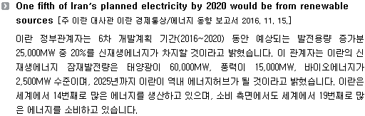 이란 정부관계자는 6차 개발계획 기간(2016~2020) 동안 예상되는 발전용량 증가분 25,000MW 중 20%를 신재생에너지가 차지할 것이라고 밝혔습니다. 이 관계자는 이란의 신재생에너지 잠재발전량은 태양광이 60,000MW, 풍력이 15,000MW, 바이오에너지가 2,500MW 수준이며, 2025년까지 이란이 역내 에너지허브가 될 것이라고 밝혔습니다. 이란은 세계에서 14번째로 많은 에너지를 생산하고 있으며, 소비 측면에서도 세계에서 19번째로 많은 에너지를 소비하고 있습니다. 