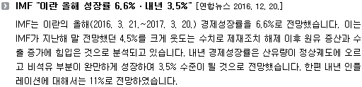 IMF는 이란의 올해(2016. 3. 21.~2017. 3. 20.) 경제성장률을 6.6%로 전망했습니다. 이는 IMF가 지난해 말 전망했던 4.5%를 크게 웃도는 수치로 제재조치 해제 이후 원유 증산과 수출 증가에 힘입은 것으로 분석되고 있습니다. 내년 경제성장률은 산유량이 정상궤도에 오르고 비석유 부분이 완만하게 성장하여 3.5% 수준이 될 것으로 전망했습니다. 한편 내년 인플레이션에 대해서는 11%로 전망하였습니다. 