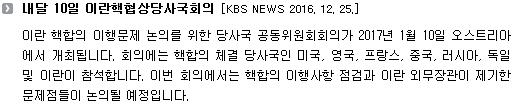 이란 핵합의 이행문제 논의를 위한 당사국 공동위원회회의가 2017년 1월 10일 오스트리아에서 개최됩니다. 회의에는 핵합의 체결 당사국인 미국, 영국, 프랑스, 중국, 러시아, 독일 및 이란이 참석합니다. 이번 회의에서는 핵합의 이행사항 점검과 이란 외무장관이 제기한 문제점들이 논의될 예정입니다. 