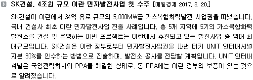 SK건설이 이란에서 34억 유로 규모의 5,000MW급 가스복합화력발전 사업권을 따냈습니다. 국내 건설사 최초 이란 민자발전사업 진출 사례입니다. 총 5개 지역에 5기의 가스복합화력발전소를 건설 및 운영하는 이번 프로젝트는 이란에서 추진되고 있는 발전사업 중 역대 최대규모입니다. SK건설은 이란 정부로부터 민자발전사업권을 따낸 터키 UNIT 인터내셔널 지분 30%를 인수하는 방법으로 진출하며, 발전소 공사를 전담할 계획입니다. UNIT 인터내셔널은 국영전력회사와 PPA를 체결한 상태로, 동 PPA에는 이란 정부의 보증이 있는 것으로 알려졌습니다. 