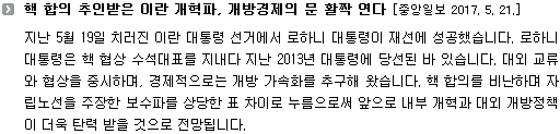 지난 5월 19일 치러진 이란 대통령 선거에서 로하니 대통령이 재선에 성공했습니다. 로하니 대통령은 핵 협상 수석대표를 지내다 지난 2013년 대통령에 당선된 바 있습니다. 대외 교류와 협상을 중시하며, 경제적으로는 개방 가속화를 추구해 왔습니다. 핵 합의를 비난하며 자립노선을 주장한 보수파를 상당한 표 차이로 누름으로써 앞으로 내부 개혁과 대외 대외 개방정책이 더욱 탈력 받을 것으로 전망됩니다. 