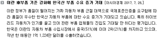 이란 정부가 품질이 떨어지는 가짜 자동차 부품 근절 대책으로 국제표준인증을 요구함에 따라 품질이 우수한 한국산 자동차 부품에 대한 수요 증가가 기대되고 있습니다. 특히 하이브리드 자동차가 인기를 끌고 있어 관련 부품 업체들의 진입도 기대할 만 하다는 평가입니다. 한국은 이란의 자동차 부품 수입시장에서 중국(51%)에 이어 2위(21%)를 차지하고 있으며, 작년 한 해동안 1억 1,224만 달러를 수출하였습니다. 