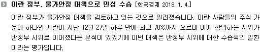 이란 정부가 물가안정 대책을 검토하고 있는 것으로 알려졌습니다. 최근 발생한 반정부 시위에 대한 수습책의 일환입니다. 계란은 이란 사람들의 주식 가운데 하나인데, 지난 12월 27일 하루 만에 계란 가격이 최고 70%까지 오르며 이에 항의하는 시위가 반정부 시위로 이어졌다는 소문이 있어 이번 대책이 반정부 시위에 대한 수습책의 일환이라는 평가입니다. 