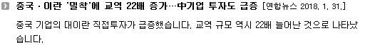 중국 기업의 대 이란 직접투자가 급증했습니다. 교역규모 역시 22배 늘어난 것으로 나타났습니다. 