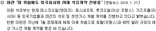 이란 석유부는 현재 외국기업들과 28건의 석유 및 천연가스 개발 계약을 진행하고 있다고 밝혔습니다. 이들 기업에는 머스크오일(덴마크), 로스네프트, 루크오일(이상 프랑스), 가즈프롬(러시아) 등이 있습니다. 한편 이란은 지난해 7월 경제제재 해제 이후 처음으로 토탈(프랑스)과 48억 달러 규모의 해상 가스전 개발 계약을 맺은 바 있습니다. 