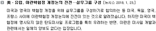 미국과 영국이 핵협정 개정을 위해 실무그룹을 구성하기로 합의하는 등 미국, 독일, 영국, 프랑스 사이에 이란 핵협정 개정 논의에 진전이 있는 것으로 알려졌습니다. 하지만 미국이 핵협정에 명시되지 않은 탄도미사일 프로그램을 특히 우려하는 반면, 이란은 미사일 개발과 관련해서는 일체의 양보도 없다는 입장입니다. 