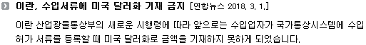 이란 산업광물통상부의 새로운 시행령에 따라 앞으로는 수입업자가 국가통상시스템에 수입 허가 서류를 등록할 때 미국 달러화로 금액을 기재하지 못하게 되었습니다. 