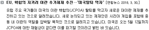 유럽 주요 국가들이 미국의 이란 핵합의(JCPOA) 탈퇴를 막고자 새로운 대이란 제재를 추진하고 있는 것으로 알려졌습니다. 새로 논의되고 있는 제재안은 시리아 개입을 포함해 중동 내 이란의 역할을 압박할 목적인 것으로 알려지고 있습니다. 미국은 오는 5월 12일까지 JCPOA에 대한 재협상이 없다면 이를 파기할 것이라고 밝힌 바 있습니다. 