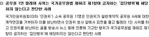 공무원 1인 릴레이 시위는 국가공무원법 제66조 제1항이 금지하는 ‘집단행위’에 해당하지 않는다고 판단한 사례