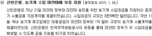 신한은행, 농기계 수입 미얀마에 보증 지원