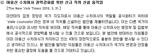 아웅산 수치여사 권력강화를 위한 신규 직위 신설 움직임