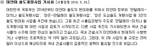 대한민국 국토부는 2014년부터 미얀마 철도의 현대화를 위해서 미얀마 정부와 '만달레이~미치나 철도개량사업', '양곤~만달레이 철도개량사업', '양곤 도심철도 개량사업'등 3건의 철도 현대화 사업을 추진해 왔습니다. 그중 최근 수출입은행의 주도로 '만달레이~미치나 철도개량사업'에 대한 사업성 검토가 시작되었고, 다른 사업 추진도 가시화되면서 국내 건설사들의 수주에 대한 관심이 높아지고 있습니다. 국내 건설사가 미얀마에서 현재까지 수행했거나 수행하는 프로젝트는 약 19억 달러 규모입니다. 그런데, 위 3개 사업의 총 규모는 25억 달러 이상으로 예상되므로 국내 건설사들의 집중적인 공략이 필요할 것으로 보입니다. 