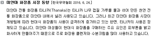 미얀마 전통 화장품 타나카(Thanaka)는 타나카 나무 껍질 가루를 물과 섞어 만든 천연 전통 화장품으로 미얀마 내에서 널리 사용되고 있습니다. 그러나 최근 미얀마 화장품 시장이 개방됨에 따라 현대식 화장품의 사용이 급격하게 증가하고 있는 반면, 타나카의 사용은 정체되고 있습니다. 미얀마 여성들이 현대식 화장품을 구매하는 주요 요인은 피부톤을 밝고 화사하게 만들어주기 때문으로 주로 화장용 클렌저와 수분크림을 많이 사용하고 있습니다. 