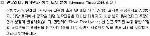 산림부가 만달레이 Kyaukse 타운쉽 소재 50 에이커(약 6만평) 토지를 공공용지로 지정하자, 해당 토지에서 경작을 하던 농작민들은 어떠한 대체지도 보상 받지 못하였다고 주장하면서 분쟁이 발생하였습니다. 만달레이 Shwe Thar Lyaung 산 인근 토지를 수용 당한 29명의 농작민들은 경작권을 요구하며 1개월 내로 원만히 해결되지 않을 경우 시위를 시작할 것이라고 밝혔습니다.