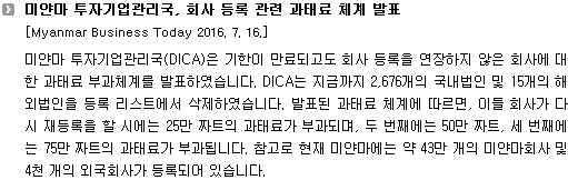 미얀마 투자기업관리국(DICA)은 기한이 만료되고도 회사 등록을 연장하지 않은 회사에 대한 과태료 부과체계를 발표하였습니다. DICA는 지금까지 2,676개의 국내법인 및 15개의 해외법인을 등록 리스트에서 삭제하였습니다. 발표된 과태료 체계에 따르면, 이들 회사가 다시 재등록을 할 시에는 25만 짜트의 과태료가 부과되며, 두 번째에는 50만 짜트, 세 번째에는 75만 짜트의 과태료가 부과됩니다. 참고로 현재 미얀마에는 약 43만 개의 미얀마회사 및 4천 개의 외국회사가 등록되어 있습니다. 