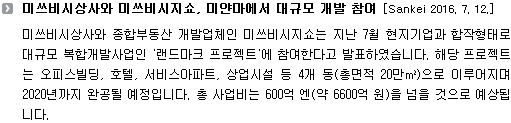 미쓰비시상사와 종합부동산 개발업체인 미쓰비시지쇼는 지난 7월 현지기업과 합작형태로 대규모 복합개발사업인 '랜드마크 프로젝트'에 참여한다고 발표하였습니다. 해당 프로젝트는 오피스빌딩, 호텔, 서비스아파트, 상업시설 등 4개 동(총면적 20만㎡)으로 이루어지며 2020년까지 완공될 예정입니다. 총 사업비는 600억 엔(약 6600억 원)을 넘을 것으로 예상됩니다.