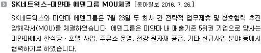 SK네트웍스와 미얀마 에덴그룹은 7월 23일 두 회사 간 전략적 업무제휴 및 상호협력 추진 양해각서(MOU)를 체결하였습니다. 에덴그룹은 미얀마 내 매출기준 5위권 기업으로 양사는 미얀마에서 한식당ㆍ호텔 사업, 주유소 운영, 철강 원자재 공급, 기타 신규사업 분야 등에서 협력하기로 하였습니다. 