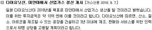 일본 다이요닛산이 2018년을 목표로 미얀마에서 산업가스 생산을 할 것이라고 밝혔습니다. 이를 위한 투자금액은 약 10억 엔에 이를 것이라고 합니다. 다이요닛산에 따르면, 산소, 질소, 아르곤을 제조할 수 있는 공장을 건설하고 3년 이내에 제조, 판매와 서비스를 위한 인력으로서 60명 상당을 고용할 계획이라고 합니다.