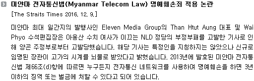 미얀마 최대 일간지의 발행사인 Eleven Media Group의 Than Htut Aung 대표 및 Wai Phyo 수석편집장은 아웅산 수치 여사가 이끄는 NLD 정당의 부정부패를 고발한 기사로 인해 양곤 주정부로부터 고발당했습니다. 해당 기사는 특정인을 지칭하지는 않았으나 신규로 임명된 장관이 고가의 시계를 뇌물로 받았다고 밝혔습니다. 2013년에 발효된 미얀마 전자통신법 제66조(d)항에 따르면 누구든지 전자통신 네트워크를 사용하여 명예훼손을 하면 3년 이하의 징역 또는 벌금에 처할 수 있다고 되어 있습니다. 