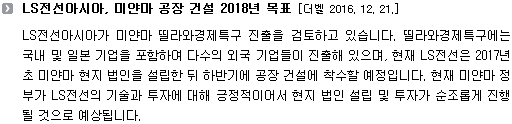 LS전선아시아가 미얀마 띨라와경제특구 진출을 검토하고 있습니다. 띨라와경제특구에는 국내 및 일본 기업을 포함하여 다수의 외국 기업들이 진출해 있으며, 현재 LS전선은 2017년 초 미얀마 현지 법인을 설립한 뒤 하반기에 공장 건설에 착수할 예정입니다. 현재 미얀마 정부가 LS전선의 기술과 투자에 대해 긍정적이어서 현지 법인 설립 및 투자가 순조롭게 진행될 것으로 예상됩니다. 