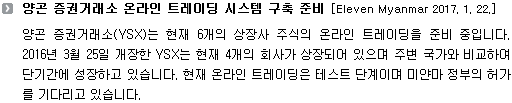 양곤 증권거래소(YSX)는 현재 6개의 상장사 주식의 온라인 트레이딩을 준비 중입니다. 2016년 3월 25일 개장한 YSX는 현재 4개의 회사가 상장되어 있으며 주변 국가와 비교하여 단기간에 성장하고 있습니다. 현재 온라인 트레이딩은 테스트 단계이며 미얀마 정부의 허가를 기다리고 있습니다.