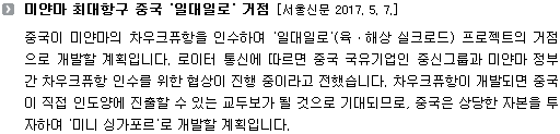 중국이 미얀마의 차우크퓨항을 인수하여 '일대일로'(육ㆍ해상 실크로드) 프로젝트의 거점으로 개발할 계획입니다. 로이터 통신에 따르면 중국 국유기업인 중신그룹과 미얀마 정부 간 차우크퓨항 인수를 위한 협상이 진행 중이라고 전했습니다. 차우크퓨항이 개발되면 중국이 직접 인도양에 진출할 수 있는 교두보가 될 것으로 기대되므로, 중국은 상당한 자본을 투자하여 '미니 싱가포르'로 개발할 계획입니다. 