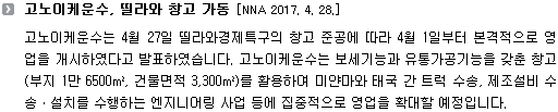 고노이케운수는 4월 27일 띨라와경제특구의 창고 준공에 따라 4월 1일부터 본격적으로 영업을 개시하였다고 발표하였습니다. 고노이케운수는 보세기능과 유통가공기능을 갖춘 창고(부지 1만 6500㎡, 건물면적 3,300㎡)를 활용하여 미얀마와 태국 간 트럭 수송, 제조설비 수송ㆍ설치를 수행하는 엔지니어링 사업 등에 집중적으로 영업을 확대할 예정입니다.