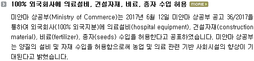 미얀마 상공부(Ministry of Commerce)는 2017년 6월 12일 미얀마 상공부 공고 36/2017을 통하여 외국회사(100% 외국지분)에 의료설비(hospital equipment), 건설자재(construction material), 비료(fertilizer), 종자(seeds) 수입을 허용한다고 공표하였습니다. 미얀마 상공부는 양질의 설비 및 자재 수입을 허용함으로써 농업 및 의료 관련 기반 사회시설의 향상이 기대된다고 밝혔습니다.