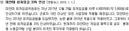 미얀마 최저임금위원회는 지난 2017년 12월 29일 최저임금을 하루 4,800차트(약 3,800원)로 인상하기로 하였습니다. 근로자 10인 이상인 모든 사업장에 적용될 예정입니다. 미얀마는 지난 2013년 최저임금법을 도입했지만, 논란 끝에 2015년 처음으로 적용하였고, 그로부터 3년 만에 최저임금을 33% 인상하였습니다. 현재까지 미얀마는 저임금 매력으로 섬유ㆍ봉제 등 노동집약형 산업 분야의 외국인 투자처로 각광받아 왔습니다. 