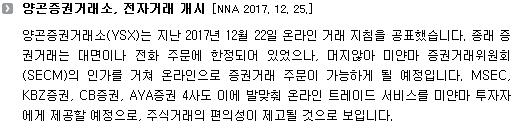 양곤증권거래소(YSX)는 지난 2017년 12월 22일 온라인 거래 지침을 공표했습니다. 종래 증권거래는 대면이나 전화 주문에 한정되어 있었으나, 머지않아 미얀마 증권거래위원회(SECM)의 인가를 거쳐 온라인으로 증권거래 주문이 가능하게 될 예정입니다. MSEC, KBZ증권, CB증권, AYA증권 4사도 이에 발맞춰 온라인 트레이드 서비스를 미얀마 투자자에게 제공할 예정으로, 주식 거래의 편의성이 제고될 것으로 보입니다.