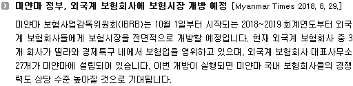 미얀마 보험사업감독위원회(IBRB)는 10월 1일부터 시작되는 2018~2019 회계연도부터 외국계 보험회사들에게 보험시장을 전면적으로 개방할 예정입니다. 현재 외국계 보험회사 중 3개 회사가 띨라와 경제특구 내에서 보험업을 영위하고 있으며, 외국계 보험회사 대표사무소 27개가 미얀마에 설립되어 있습니다. 이번 개방이 실행되면 미얀마 국내 보험회사들의 경쟁력도 상당 수준 높아질 것으로 기대됩니다. 