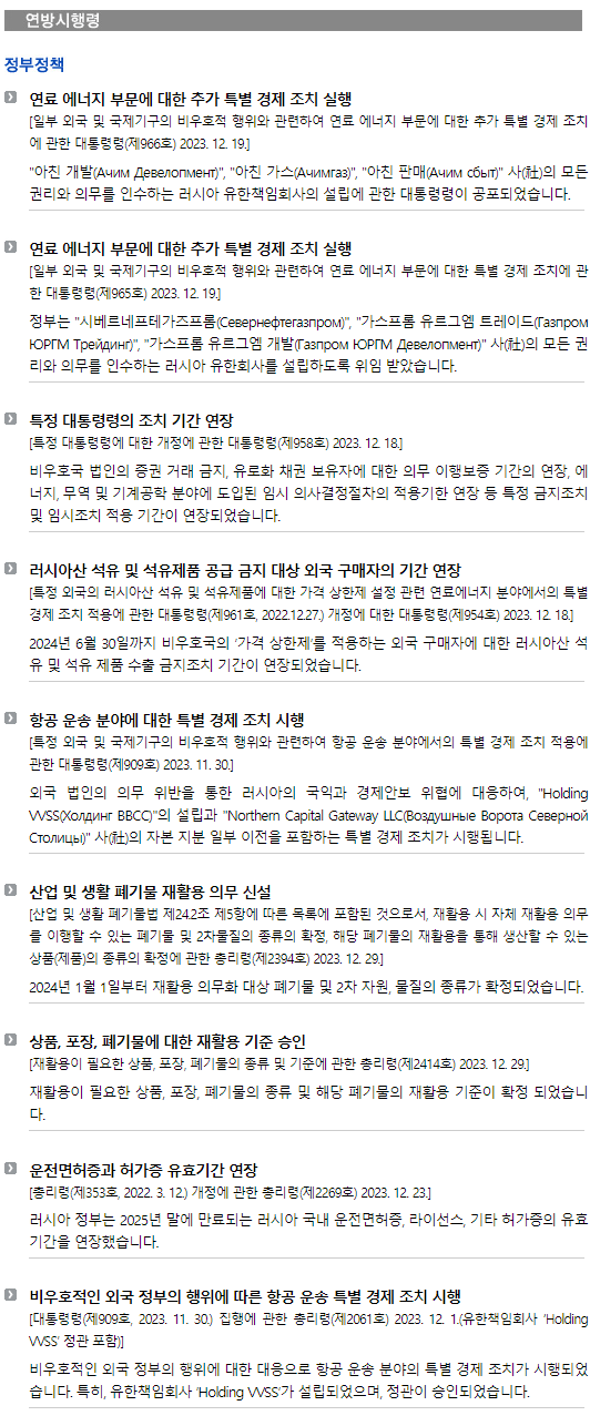 러시아/시행법령/연방시행령/정부정책_연료 에너지 부문에 대한 추가 특별 경제 조치 실행 外8