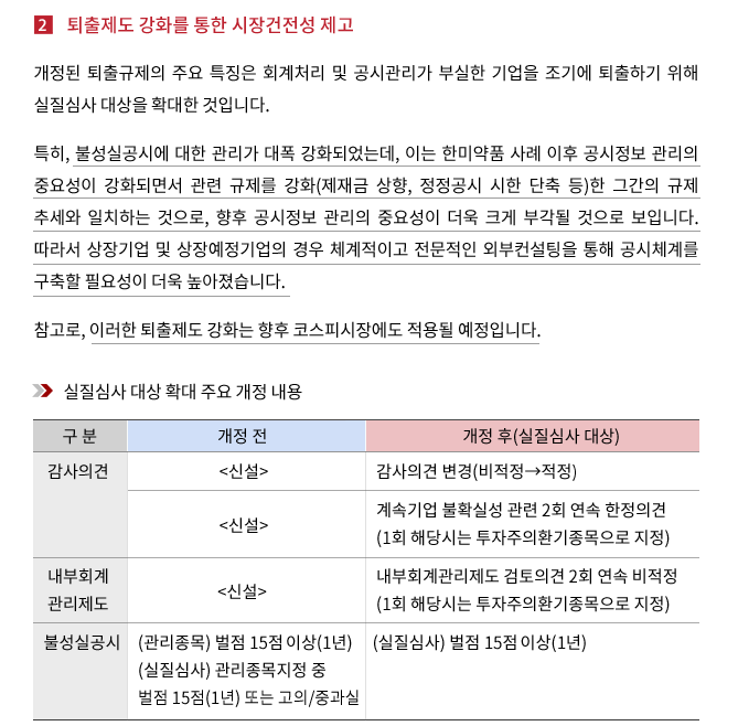 개정된 퇴출규제의 주요 특징은 회계처리 및 공시관리가 부실한 기업을 조기에 퇴출하기 위해 실질심사 대상을 확대한 것입니다. 특히, 불성실공시에 대한 관리가 대폭 강화되었는데, 이는 한미약품 사례 이후 공시정보 관리의 중요성이 강화되면서 관련 규제를 강화(제재금 상향, 정정공시 시한 단축 등)한 그간의 규제 추세와 일치하는 것으로, 향후 공시정보 관리의 중요성이 더욱 크게 부각될 것으로 보입니다. 따라서 상장기업 및 상장예정기업의 경우 체계적이고 전문적인 외부컨설팅을 통해 공시체계를 구축할 필요성이 더욱 높아졌습니다. 참고로, 이러한 퇴출제도 강화는 향후 코스피시장에도 적용될 예정입니다.