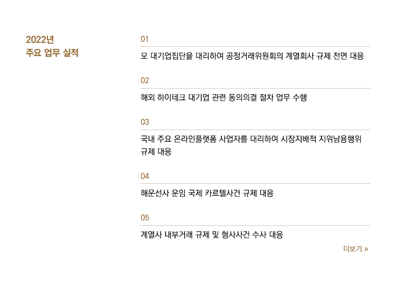 모 대기업집단을 대리하여 공정거래위원회의 계열회사 규제 전면 대응, 해외 하이테크 대기업 관련 동의의결 절차 업무 수행, 국내 주요 온라인플랫폼 사업자를 대리하여 시장지배적 지위남용행위 규제 대응, 해운선사 운임 국제 카르텔사건 규제 대응, 계열사 내부거래 규제 및 형사사건 수사 대응