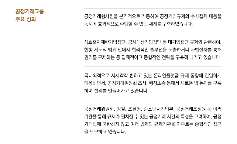 공정거래형사팀을 본격적으로 가동하여 공정거래규제와 수사절차 대응을 동시에 효과적으로 수행할 수 있는 체계를 구축하였습니다. 상호출자제한기업집단, 공시대상기업집단 등 대기업집단 규제와 관련하여, 현행 제도의 범위 안에서 합리적인 솔루션을 도출하거나 사법절차를 통해 권리를 구제하는 등 입체적이고 종합적인 전략을 구축해 나가고 있습니다. 국내외적으로 시시각각 변하고 있는 온라인플랫폼 규제 동향에 긴밀하게 대응하면서, 공정거래위원회 조사, 행정소송 등에서 새로운 법 논리를 구축하며 선례를 만들어가고 있습니다. 공정거래위원회, 검찰, 조달청, 중소벤처기업부, 공정거래조정원 등 여러 기관을 통해 규제가 펼쳐질 수 있는 공정거래 사건의 특성을 고려하여, 공정거래법에 국한하지 않고 여러 법제와 규제기관을 아우르는 종합적인 접근을 도모하고 있습니다. 