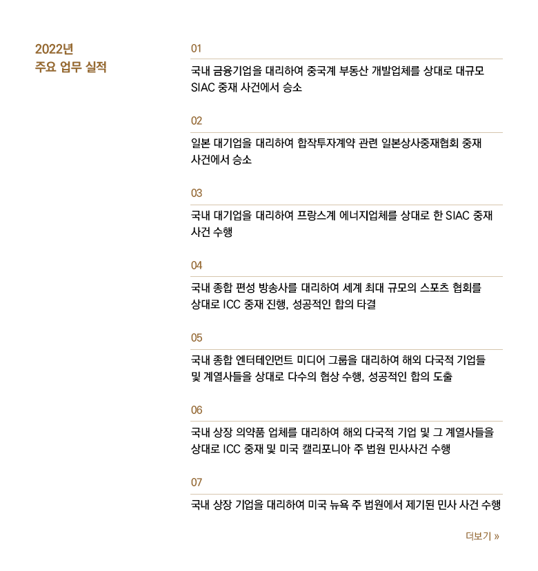 국내 금융기업을 대리하여 중국계 개발업체를 상대로 대규모 계약분쟁에 대해 SIAC에 제기한 중재 사건에서 모든 청구가 받아들여져 100% 승소 판정을 받았습니다. 2019년부터 이어진 일본상사중재협회 중재 사건에서 일본 대기업을 공동 대리하여 대대적인 승소 판정을 받았습니다. 국내 대기업을 대리하여 에너지공급계약 해석과 관련하여 프랑스계 에너지업체를 상대로 SIAC 중재 사건을 맡아 업무를 수행하였습니다. 국내 종합 편성 방송사를 대리하여 계약분쟁 및 불공정거래행위와 관련하여 세계 최대 규모의 스포츠 협회를 상대로 ICC 중재를 제기하였으며, 중재 과정을 통해 해당 분쟁을 조기 합의로 종결했습니다.국내 종합 엔터테인먼트 미디어 그룹을 대리하여 해외 다국적 기업들 및 그 계열사들을 상대로 용역계약과 관련한 여러 건의 협상을 성공적으로 수행하였습니다.국내 상장 의약품 업체를 대리하여 해외 다국적 기업 및 그 계열사들을 상대로 계약불이행과 관련한 미국 캘리포니아 주 법원 민사소송과 ICC 중재를 동시에 제기하였습니다.  현재는 ICC중재에서 미국 소송에서 다투던 사안까지 성공적으로 병합하여 사건을 수행하고 있습니다.국내 상장 기업을 대리하여 주주집단소송 가능성이 있는 계약분쟁 사건을 맡아 미국 뉴욕 주 법원 소송을 수행하고 있습니다.
