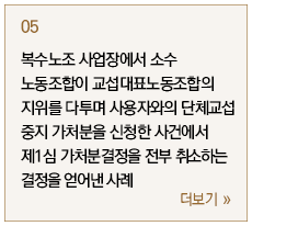 복수노조 사업장에서 소수 노동조합이 교섭대표노동조합의 지위를 다투며 사용자와의 단체교섭 중지 가처분을 신청한 사건에서 제1심 가처분결정을 전부 취소하는 결정을 얻어낸 사례